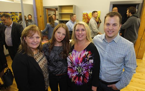 Futurpreneur Canada CFO Rebecca Dew, The Eureka Project Tamara Pound, Futurpreneur Canada Manitoba Saskatchewan, Nunavut, and NWT Director Joelle Foster, and Permission Click.com Co-Founder & CEO Chris Johnson celebrate new startup space @ 3rd floor, Seccuris Bldg, 321 McDermot Avenue. BORIS MINKEVICH / WINNIPEG FREE PRESS  OCT 20, 2015