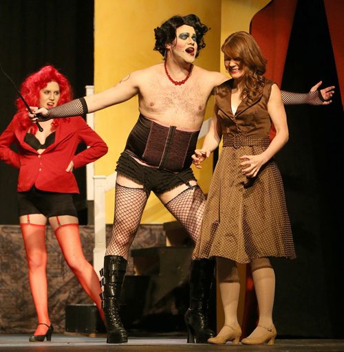 From left, Elizabeth Whitbread (Magenta), Dan De Jaeger (Frank 'N' Furter) and Mallory James (Janet) perform during dress rehearsal for The Rocky Horror Show at The Park Theatre on Oct. 21, 2015. The show opens Oct. 22. Photo by Jason Halstead/Winnipeg Free Press