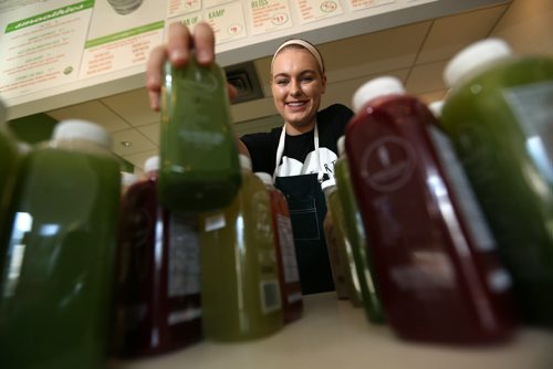 Michaela Prentice at Green Carrot Juice Company on Osborne, for juice cleanse story, Thursday, October 22, 2015. (TREVOR HAGAN/WINNIPEG FREE PRESS)