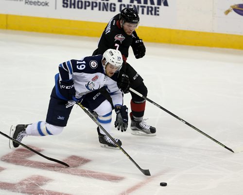 Manitoba Moose Chase De Leo (19) battles with Lake Erie Monsters Nick Moutrey (7) during first period AHL hockey action, Thursday, October 22, 2015. (TREVOR HAGAN/WINNIPEG FREE PRESS)