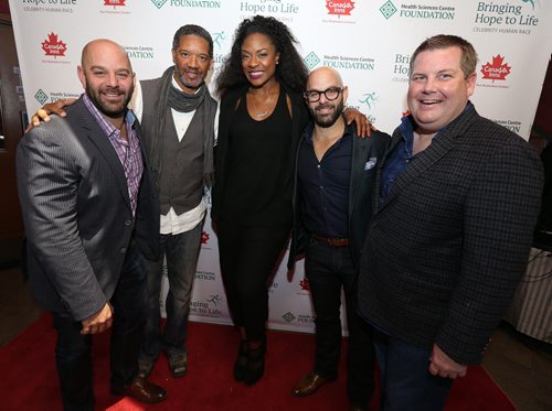 L-R: Josh Chisick (Industrial Metals and event co-chair), retired CFL quarterback Damon Allen, Canadian R&B singer-songwriter Jully Black, Dan Chisick (Industrial Metals and event co-chair) and  Jon Lyon (president and CEO, Health Sciences Centre Foundation) at the Celebrity Human Race fundraiser for the Health Sciences Centre at the TYC Event Centre at Canad Inns Polo Park on Oct. 16, 2015. Photo by Jason Halstead/Winnipeg Free Press RE: Social Page for Oct. 24, 2015