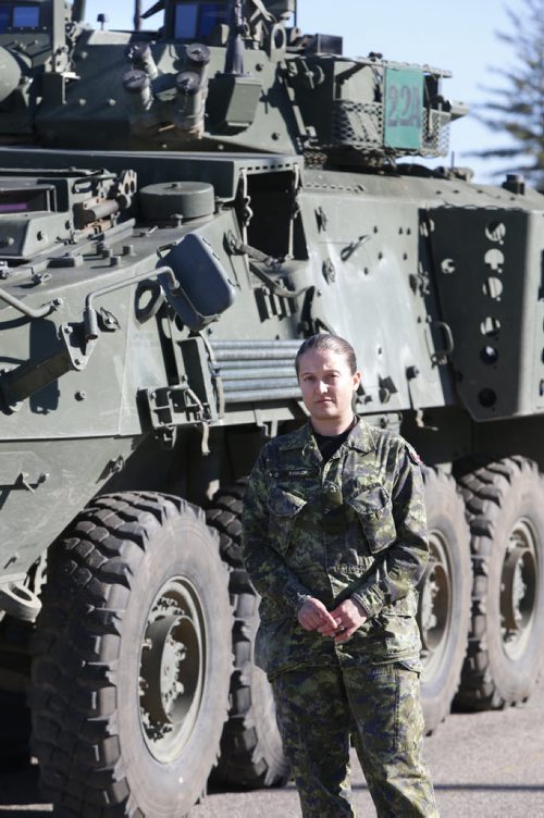 49.8 Leading Seaman Jessica Leiblein is with 2PPCLI at the CFB Shilo. Jessica is standing beside a LAV (Light Armoured Vehicle).  Although she currently has a navy rank as she has transferred to a different career path within the CAF she was an infantry soldier with the 2PPCLI during OP MEDUSA in Afghanistan in 2006-07. Jessica is standing beside a LAV (Light Armoured Vehicle). Kevin Rollason story. Wayne Glowacki / Winnipeg Free Press October 22 2015