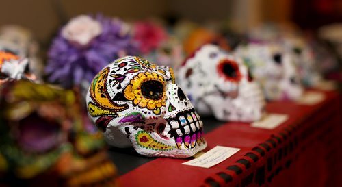 Calaveras made by students at Kildonan East Collegiate on display at a Day of the Dead celebration at the West End Cultural Centre, Saturday, October 24, 2015. (TREVOR HAGAN/WINNIPEG FREE PRESS)
