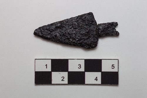Scott Stephen, an historian at Parks Canada, showcases a few artifacts in the collections at the Parks Canada office in Winnipeg that were recovered from various digs at the forks and area. Metal Projectile Point (21K4S3-1): Recovered from the site of Fort Gibraltar I, 1984. This is a ferrous tanged projectile point; the tang (a protruding shaft designed to connect with a handle) would have been used to haft (fit) the projectile point onto a shaft.  Sharpening and filing scrap barrel hoops was another means of creating metal projectile points, of which this object maybe one. This artifacts waxy appearance is attributed to the microcrystalline wax applied by an artifact conservator to conserve the metal by protecting it from the moisture in the environment. 150924 - Thursday, September 24, 2015 -  MIKE DEAL / WINNIPEG FREE PRESS