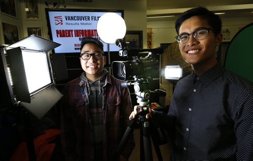 Sisler High School launched a scholarship program with the Vancouver Film School and two of the recipients are Daniel Cochon,left,  will be taking film production and Gerard Jacinto will be taking acting.  Nick Martin story. Wayne Glowacki / Winnipeg Free Press October 26 2015