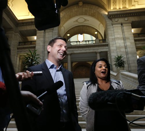 Manitoba Liberal Leader Rana Bokhari introduces candidate Peter Chura, former Global news anchor Tuesday in the Manitoba Legislative building. Larry Kusch story. Wayne Glowacki / Winnipeg Free Press October 27 2015