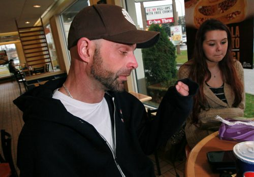 Exhausted after days of hospital bedside vigil, Calli Vanderaa's father Corey fights back tears as Calli's best friend Kailey Compton (right) tells the story of the shooting that left Calli in hospital fighting for her life. See Gord Sinclair story. October 28, 2015 - (Phil Hossack / Winnipeg Free Press)