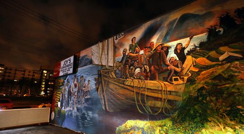 The mural depicting the journey of Vietnamese refugees in 1980 that eventually ended in Winnipeg, The mural by  Sarah J. Collard commissioned by Take Pride Winnipeg on the side of Joy's Convenience Store at 248 River Ave. will be officially unveiled later Thursday morning.   Wayne Glowacki / Winnipeg Free Press October 29  2015