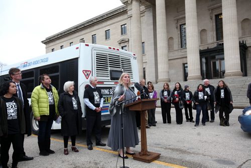 Family Services Minister Kerri Irvin-Ross makes was one of the speakers at press conference announcing that the Manitoba government will be partnering with Joy Smith Foundation, Klinic to fight sexual exploitation, human trafficking by setting up new hotline at the Leg Thursday morning.  Oct 29, 2015 Ruth Bonneville / Winnipeg Free Press