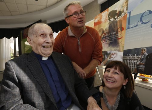 Rev. Deacon Nick Kohuch with his son Randy Kohuch and daughter Darcia Senft at the Holy Family Home launch of the Life Love Legacy Capitol campaign Friday to expand the home. Nick is a resident of the Home. Carol Sanders story Wayne Glowacki / Winnipeg Free Press October 30  2015