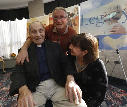 Rev. Deacon Nick Kohuch with his son Randy Kohuch and daughter Darcia Senft at the Holy Family Home launch of the Life Love Legacy Capitol campaign Friday to expand the home. Nick is a resident of the Home. Carol Sanders story Wayne Glowacki / Winnipeg Free Press October 30  2015