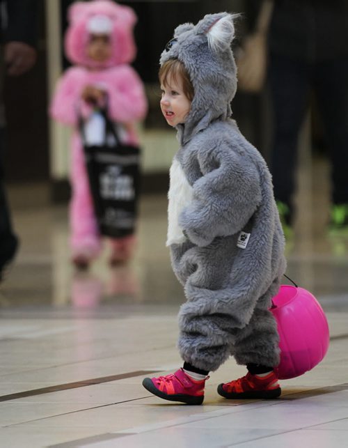 Kids dressed up in costumes make their way around Kildonan Place mall with friends and family as they trick or treat for goodies during their annual Halloween event Friday.   Standup photo Oct 29, 2015 Ruth Bonneville / Winnipeg Free Press