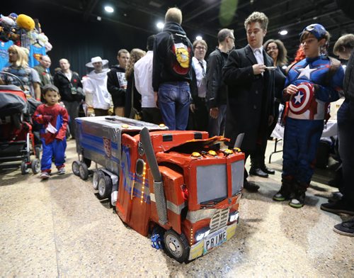 Tony Liarakos shows off his functional Transformers Optimus Prime costume at Central Canada Comic Con at RBC Convention Centre Winnipeg on Oct. 31, 2015. Photo by Jason Halstead/Winnipeg Free Press
