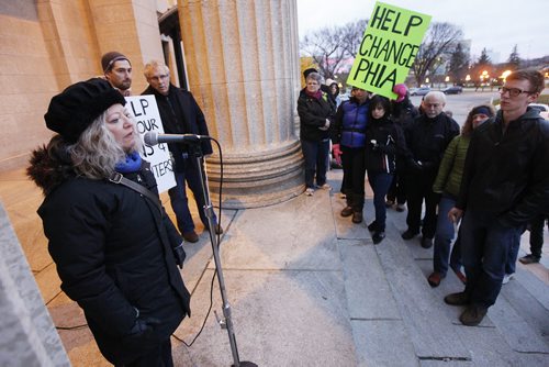 November 1, 2015 - 151101  -  Reid Bricker's mother Bonnie speaks as people gather for a vigil at the Legislature Sunday, November 1, 2015. Bricker, who suffers from depression, went missing October 23 after being released from a hospital after 3am. John Woods / Winnipeg Free Press