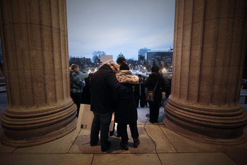 November 1, 2015 - 151101  -  Family members of Reid Bricker comfort each other as his mother Bonnie speaks during a vigil at the Legislature Sunday, November 1, 2015. Bricker, who suffers from depression, went missing October 23 after being released from a hospital after 3am. John Woods / Winnipeg Free Press