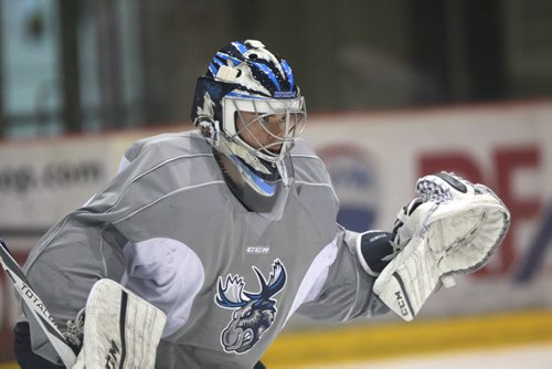 Manitoba Moose goaltender Eric Comrie at practice Tuesday morning at MTS Iceplex -See story Nov 03, 2015   (JOE BRYKSA / WINNIPEG FREE PRESS)