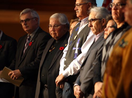 Dr. David Barnard became President and Vice-Chancellor of the University of Manitoba and Murray Sinclair (left to right) at the Grand opening of the National Research Centre for Truth and Reconciliation, Chancellors Hall, 177 Dysart Road, University of Manitoba. BORIS MINKEVICH / WINNIPEG FREE PRESS  NOV 3, 2015