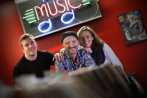 November 3, 2015 - 151103 - Jordan Sawchuck, manager, Darren Sawchuck, Loralie McKelvey, record spinner, photographed inside Vinyl Revival Tuesday, November 3, 2015. Darren Sawchuk, a defense lawyer by day who, a few weeks ago, opened Vinyl Revival, a used record store, school, cafe, and open stage in the old Tredwell's Music Store.  John Woods / Winnipeg Free Press