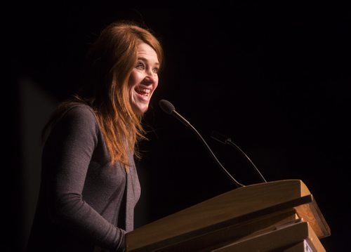 Clara Hughes speaks to approximately 1,700 students in grades 4-12 to announce Imagining Canada, an art and essay contest for school kids looking at the NCTR, residential schools, and how they will shape our future at the RBC Convention Centre in Winnipeg on Wednesday, Nov. 4, 2015.   (Mikaela MacKenzie/Winnipeg Free Press)