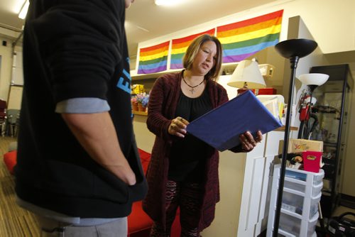 Rainbow Resource Centre - United Way story - Shawn Lagimodiere, left,  chats with youth councillor Dianna Grywinski,right, at the centre. BORIS MINKEVICH / WINNIPEG FREE PRESS  NOV 4, 2015
