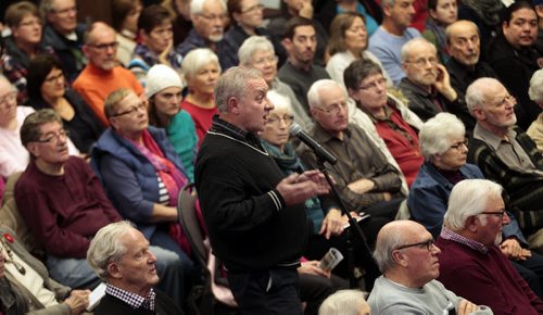 Several hundred peiople packed into a forum on the Kapyong property and Urban Reserves Wednesday at the Canadian Mennonite University.....Ashley Prest story..... See Kapyong stories..... November 4, 2015 - (Phil Hossack / Winnipeg Free Press)  FUTURE OF KAPYONG: What might an urban reserve at Kapyong Barracks look like? That question will be addressed this evening by people who know lots about the topic: Chief Dennis Meeches of Long Plain First Nation, which operates two urban reserves; Harry Finnegan,  former head of planning at the City of Winnipeg; and Andrew Holtman, a member of the Tuxedo Community Associations board of directors.
