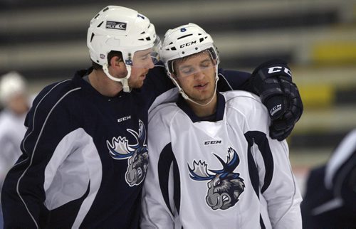 Manitoba Moose Andrew MacWilliam, left, and Brenden Kichton  at practice Thursday morning at the MTS Iceplex See story Nov 05, 2015   (JOE BRYKSA / WINNIPEG FREE PRESS)