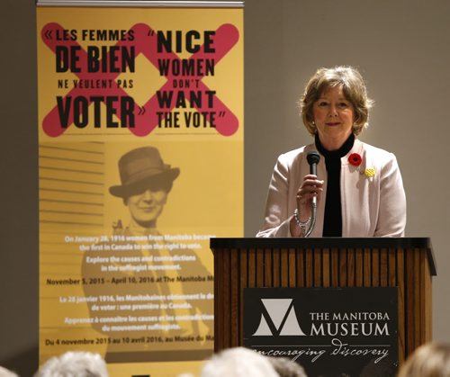 Lt. Gov. Janice Filmon speaks at the opening of "Nice Women Don't Want the Vote", a new exhibit at the Manitoba Museum Thursday. Jen Zoratti story Wayne Glowacki / Winnipeg Free Press Nov. 5   2015