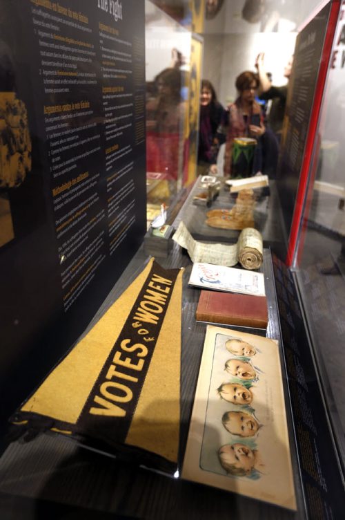 A "Votes for Women" pennant from 1913-1915 among the artefacts in the  the "Nice Women Don't Want the Vote" exhibit at the Manitoba Museum that opened Thursday.. Jen Zoratti story Wayne Glowacki / Winnipeg Free Press Nov. 5   2015