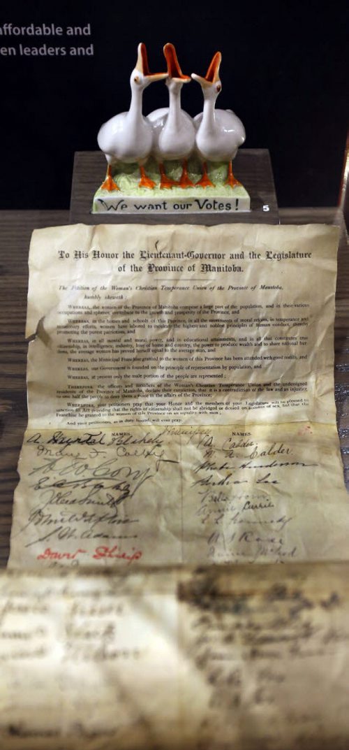 A petition for full suffrage that is over 28 meters long containing over 5,000 signatures presented to the Manitoba Gov't by the Women's Christian Temperance Union in 1894. An anti-suffrage porcelain match holder equating suffragists with "silly geese" are among the artefacts in the "Nice Women Don't Want the Vote" exhibit at the Manitoba Museum that opened Thursday.. Jen Zoratti story Wayne Glowacki / Winnipeg Free Press Nov. 5   2015