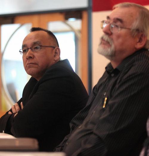 WINNIPEG, MB: JANUARY 15, 2008 -- CENSUS - Grand Chief Ron Evans, Assembly of Manitoba Chiefs, left, and Wilf Falk, Chief Statistician, Manitoba Bureau of Statistics listen at a presenation Tuesday morning in Winnipeg that saw the 2006 Census data release on Aboriginal peoples. Some highlights of information released were that Winnipeg is home to the largest Aboriginal population in Canada and that Aboriginals in Canada topped the one million mark in 2006- Jan 15, 2008   JOE BRYKSA/WINNIPEG FREE PRESS