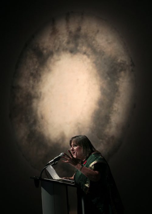 An emotional Gail Asper speaks after accepting the Mahatma Gandhi Peace Award Thursday evening at the Canadian Museum For Human Rights. The museum itself and Moe Levy of the Asper Foundation were also awarded the prestigious prize. See release. November 5, 2015 - (Phil Hossack / Winnipeg Free Press)