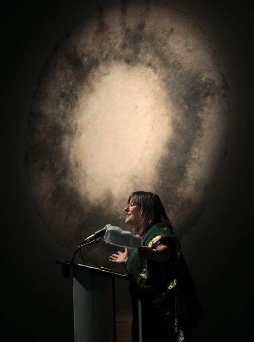 An emotional Gail Asper speaks after accepting the Mahatma Gandhi Peace Award Thursday evening at the Canadian Museum For Human Rights. The museum itself and Moe Levy of the Asper Foundation were also awarded the prestigious prize. See release. November 5, 2015 - (Phil Hossack / Winnipeg Free Press)