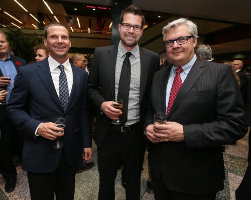 L-R: Brian Thiessen, David Filmon (chairman of St. Paul's High School board of directors) and Gestur Kristjansson (Manitoba Progressive Conservative Party Chief Financial Officer)  at the St. Paul's High School Ignatian Challenge Award Tribute Dinner on Nov. 3 at the RBC Convention Centre Winnipeg. Photo by Jason Halstead/Winnipeg Free Press