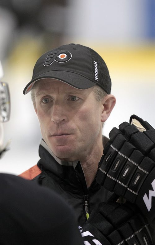 Philadelphia Flyer Head Coach Dave Hakstoi works with the team at the MTS Iceplex Friday afternoon. See Jeff Hamilton story. November 6, 2015 - (Phil Hossack / Winnipeg Free Press)