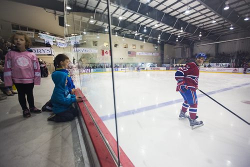Canadiens alumni Gilbert Delorme teases the crowd in a special game against CN's hockey team at the MTS Iceplex in Winnipeg on Saturday, Nov. 7, 2015.   (Mikaela MacKenzie/Winnipeg Free Press)