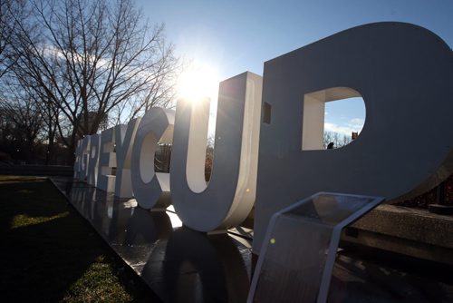 #GREYCUP sign at The Forks was damaged somehow. Hole in the last letter P. BORIS MINKEVICH / WINNIPEG FREE PRESS  NOV 9, 2015