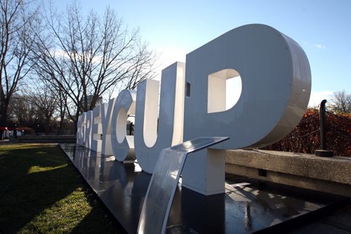 #GREYCUP sign at The Forks was damaged somehow. Hole in the last letter P. BORIS MINKEVICH / WINNIPEG FREE PRESS  NOV 9, 2015