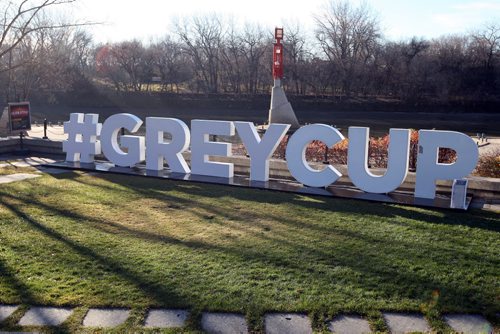 #GREYCUP sign at The Forks was damaged somehow. Hole in the last letter P. BORIS MINKEVICH / WINNIPEG FREE PRESS  NOV 9, 2015