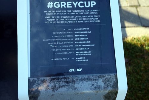 #GREYCUP sign at The Forks was damaged somehow. Hole in the last letter P. BORIS MINKEVICH / WINNIPEG FREE PRESS  NOV 9, 2015