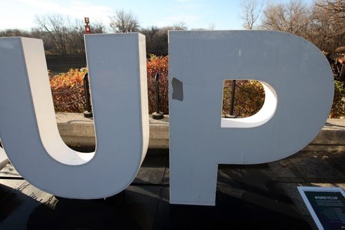 #GREYCUP sign at The Forks was damaged somehow. Hole in the last letter P. BORIS MINKEVICH / WINNIPEG FREE PRESS  NOV 9, 2015