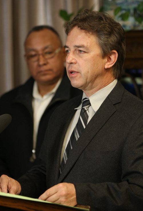 Conservation and Water Stewardship Minister- Tom Nevakshonoff with Chief Ron Evans, Norway House First Nation  comments on the future of the  Lake Winnipeg, Lake Manitoba and Lake Winnipegosis fisheries in Manitoba- after SeaChoice report -See Larry Kusch story Nov 09, 2015   (JOE BRYKSA / WINNIPEG FREE PRESS)
