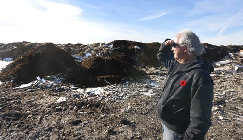Lenn Samborski, co-owner of Samborski Environmental Ltd. with windrows of composting material at their site along Brady Rd.   Aldo Santin story.  Wayne Glowacki / Winnipeg Free Press Nov. 9   2015