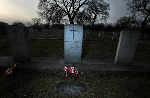 Major Harry Colbourne's grave shares a marker with his wife (?) Christina. Harry is the soldier who bought the black bear cub that became Winnie the Poo. Brookside Cemetery' Field of Honor re: Jenn Z.'s story November 9, 2015 - (Phil Hossack / Winnipeg Free Press)