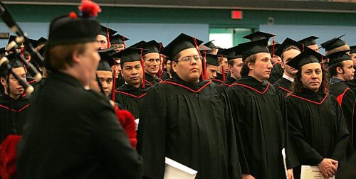BORIS MINKEVICH / WINNIPEG FREE PRESS 080116 RRC grads are piped out.