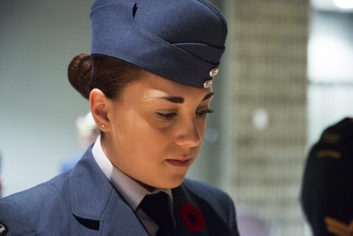 Corporal Roseanna Brake celebrates Remembrance Day with thousands of others at the RBC Convention Centre in Winnipeg on Wednesday, Nov. 11, 2015.   (Mikaela MacKenzie/Winnipeg Free Press)