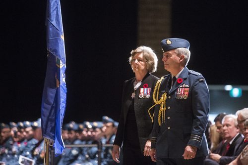 Lieutenant Governor of Manitoba Janice Filmon rises to place her wreath on Remembrance Day at the RBC Convention Centre in Winnipeg on Wednesday, Nov. 11, 2015.   (Mikaela MacKenzie/Winnipeg Free Press)