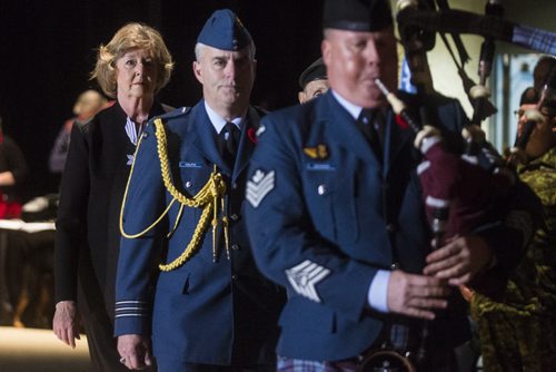 Lieutenant Governor of Manitoba Janice Filmon is piped into the room on Remembrance Day at the RBC Convention Centre in Winnipeg on Wednesday, Nov. 11, 2015.   (Mikaela MacKenzie/Winnipeg Free Press)