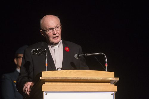 Rev. Bruce Miles speaks on Remembrance Day at the RBC Convention Centre in Winnipeg on Wednesday, Nov. 11, 2015.   (Mikaela MacKenzie/Winnipeg Free Press)