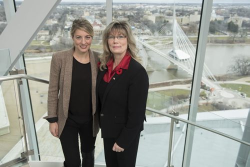DAVID LIPNOWSKI / WINNIPEG FREE PRESS 151111  The Honourable Mélanie Joly, Minister of Canadian Heritage (left), meets with her predecessor the former Minister of Canadian Heritage and Official Languages, the Honourable Shelly Glover at the Canadian Museum for Human Rights following a Remembrance Day Ceremony on November 11, 2015.