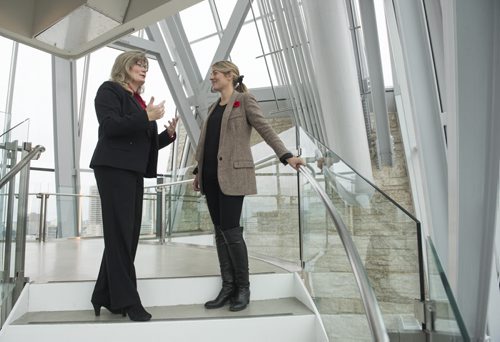 DAVID LIPNOWSKI / WINNIPEG FREE PRESS 151111  The Honourable Mélanie Joly, Minister of Canadian Heritage (right), meets with her predecessor the former Minister of Canadian Heritage and Official Languages, the Honourable Shelly Glover at the Canadian Museum for Human Rights following a Remembrance Day Ceremony on November 11, 2015.